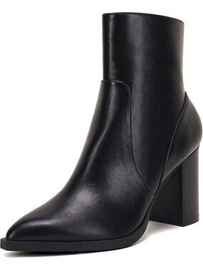 Women's Black Chunky Stacked Heel Side Zipper Pointed Toe Stylish Ankle Booties